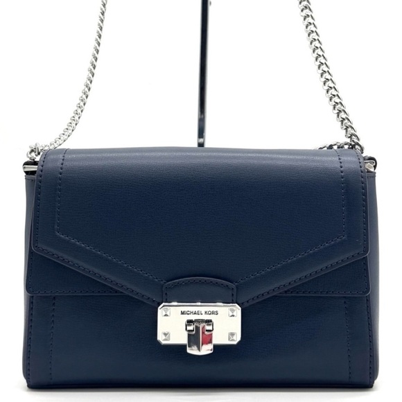 Michael Kors Kinsley leather Medium shoulder Flap Crossbody Bag Navy Blue - Picture 1 of 9